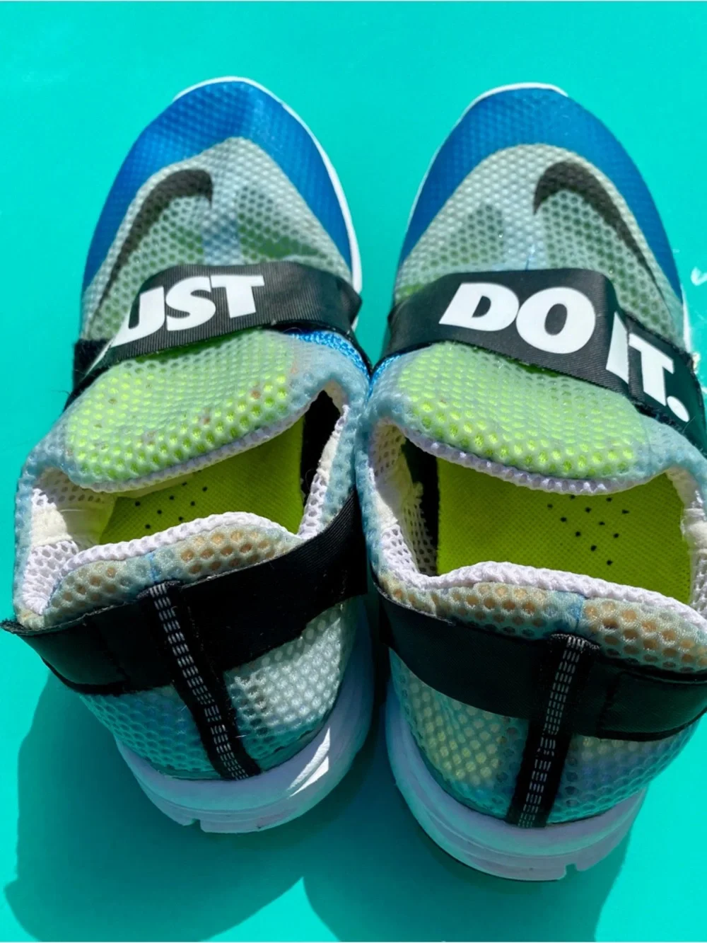 Nike Blue, Green & Black Slip-On Athletic Sneakers with 'JUST DO IT' Strap - Picture 2 of 3